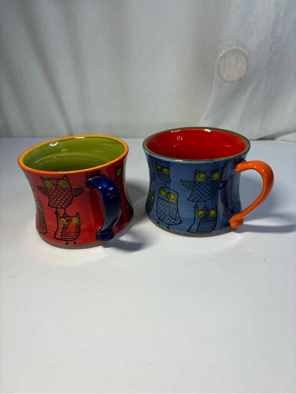 Pier 1 hand painted stoneware owl mugs